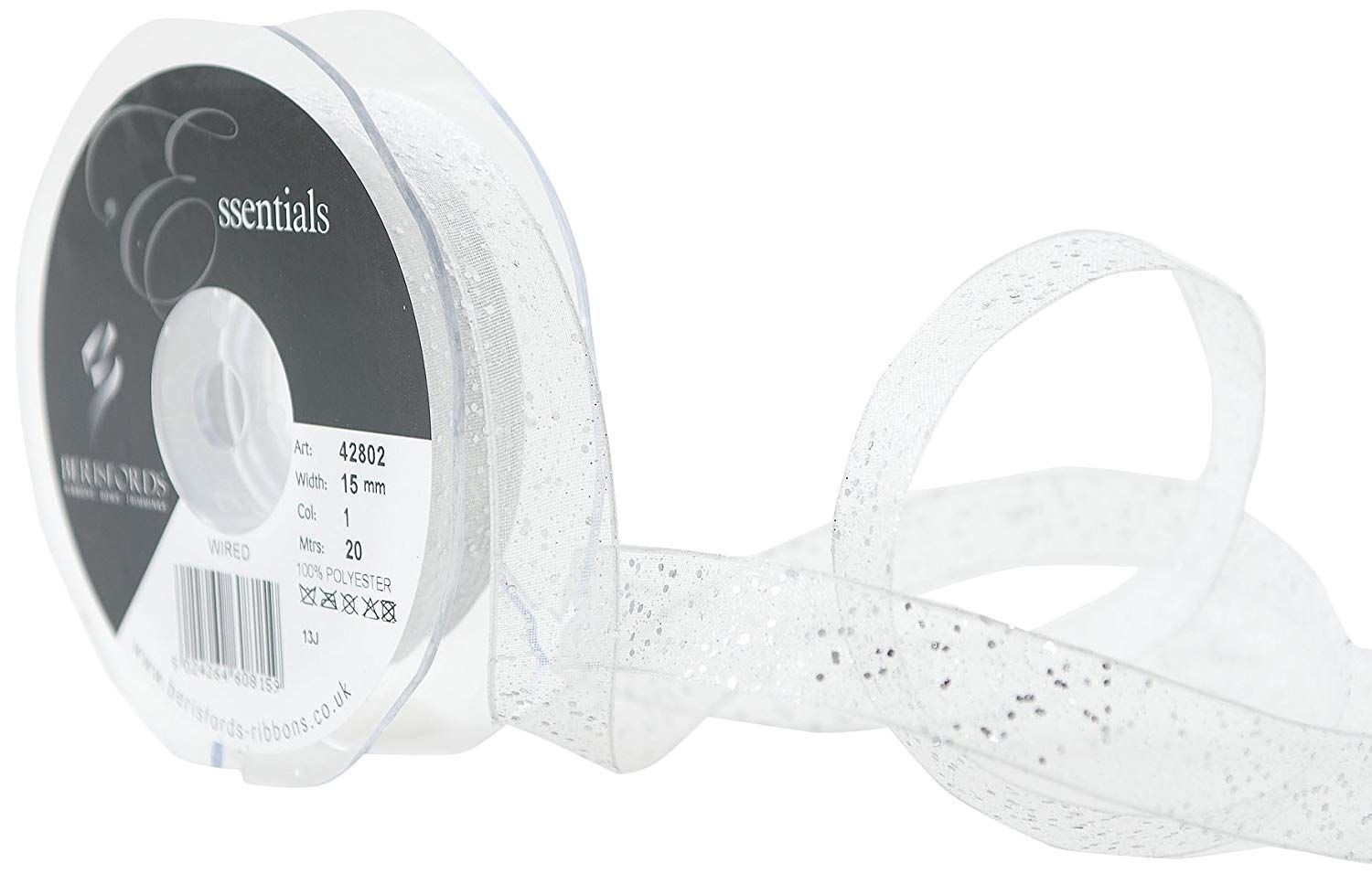 Berisfords White Random Glitter Wired Sheer Ribbon 15mm