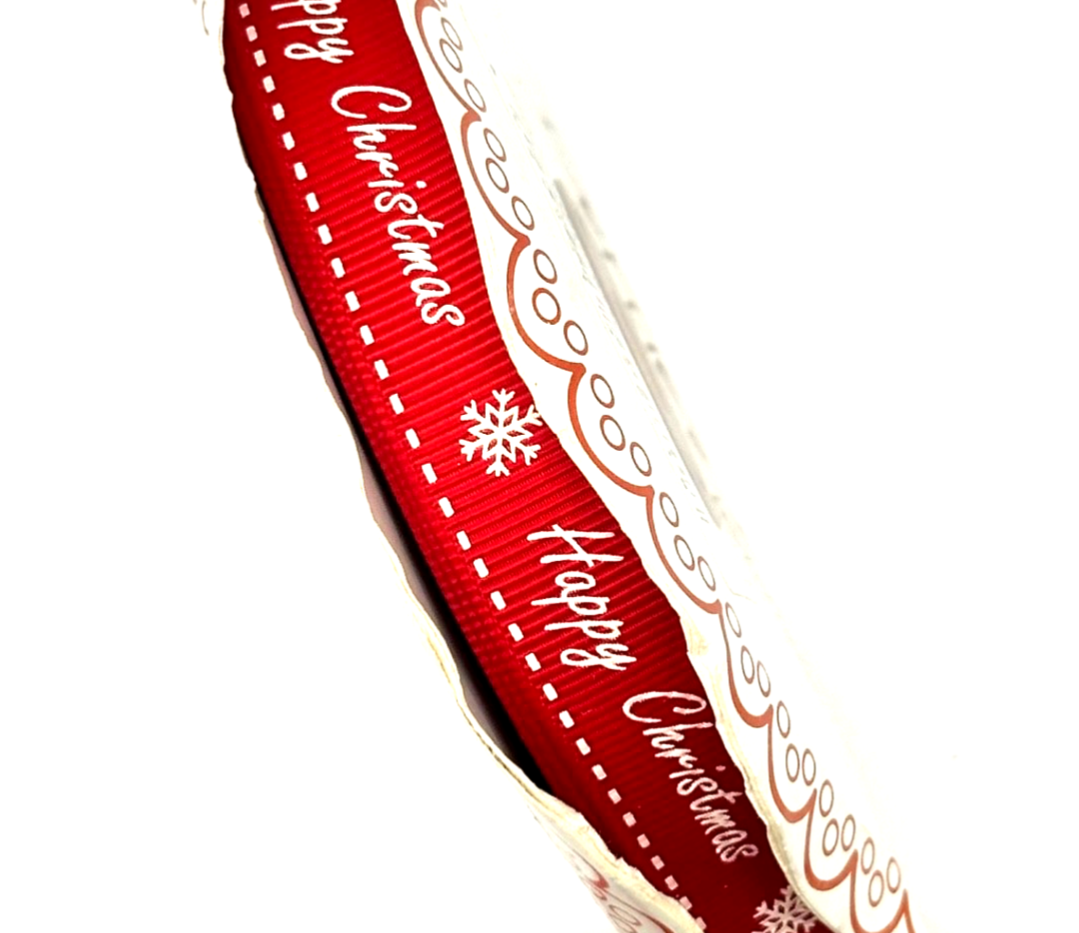 Bertie's Bows Happy Christmas Snowflake Ribbon 16mm Red Grosgrain, photo 2 of 4