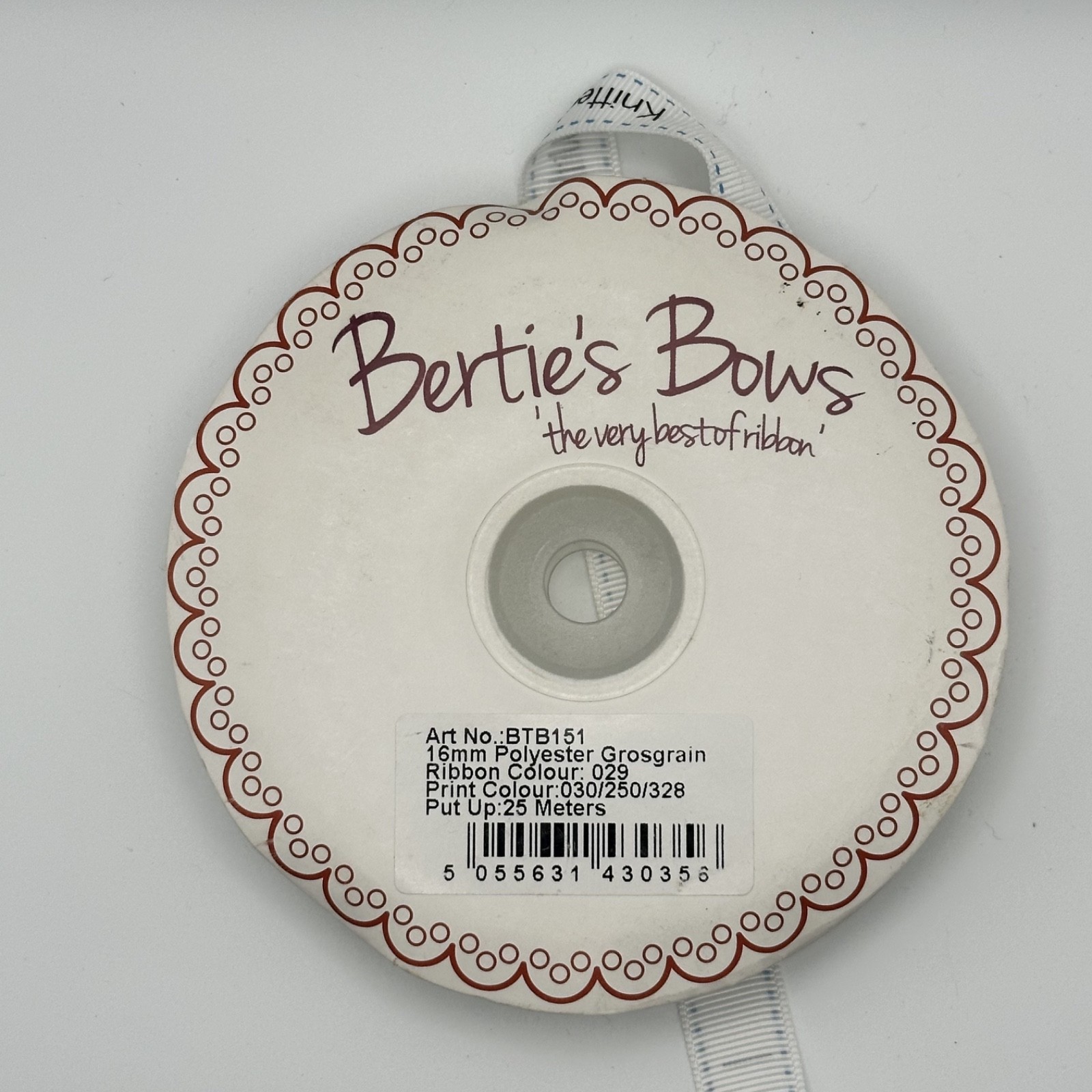 Bertie's Bows Knitted With Love Ribbon 16mm White Grosgrain, photo 3 of 4