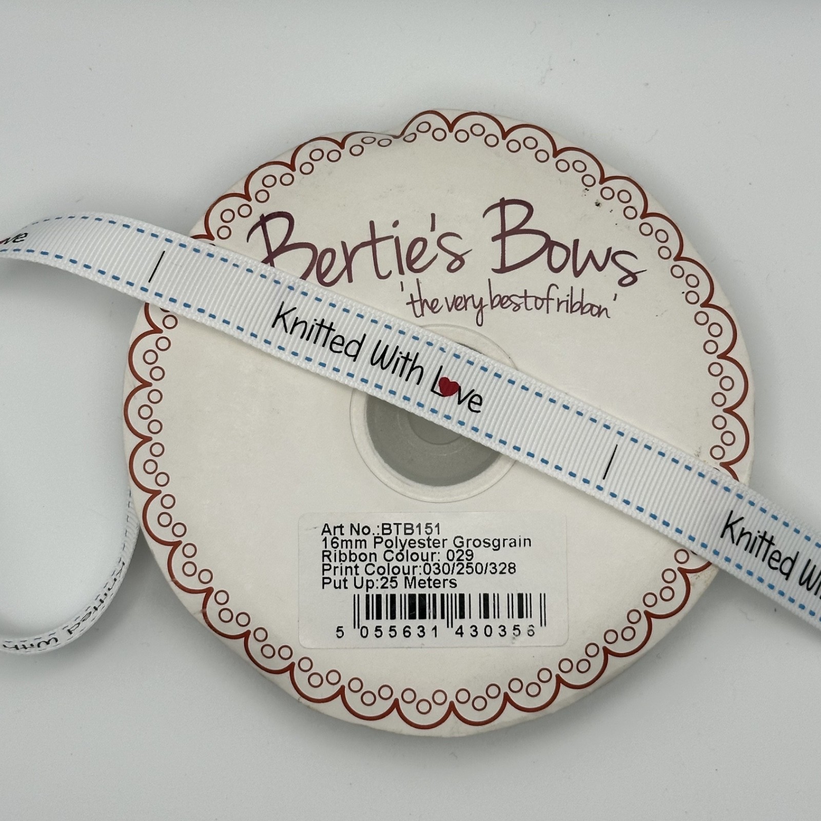 Bertie's Bows Knitted With Love Ribbon 16mm White Grosgrain, photo 4 of 4