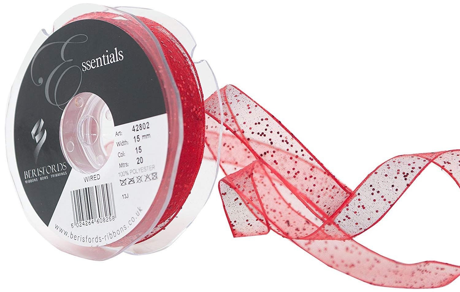Berisfords Red Random Glitter Wired Sheer Ribbon 15mm