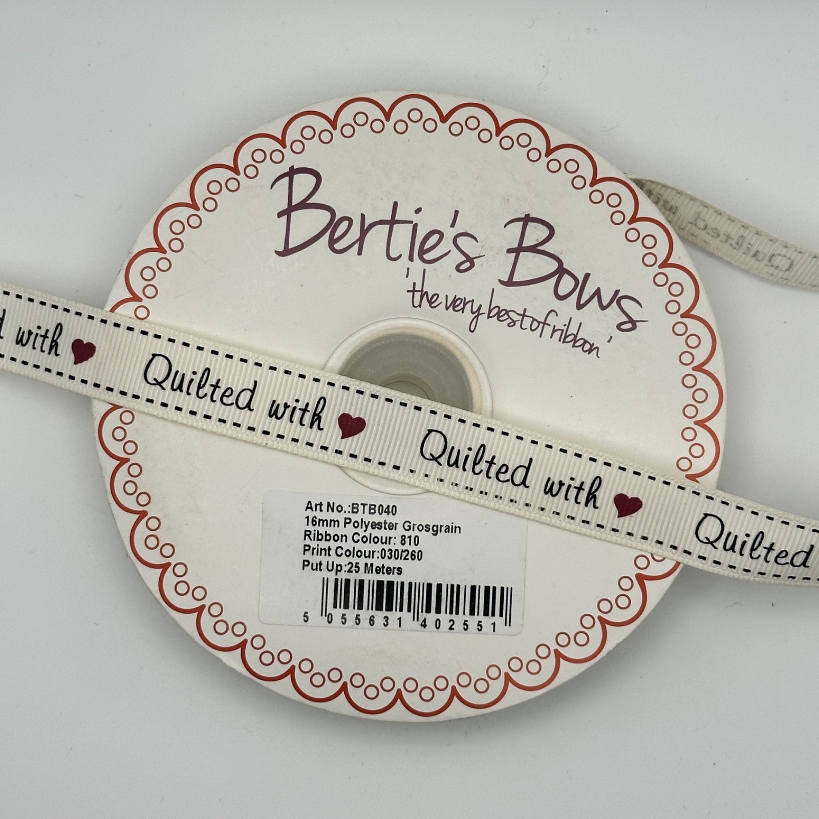Bertie's Bows Quilted With Heart Ribbon 16mm Grosgrain, photo 3 of 4