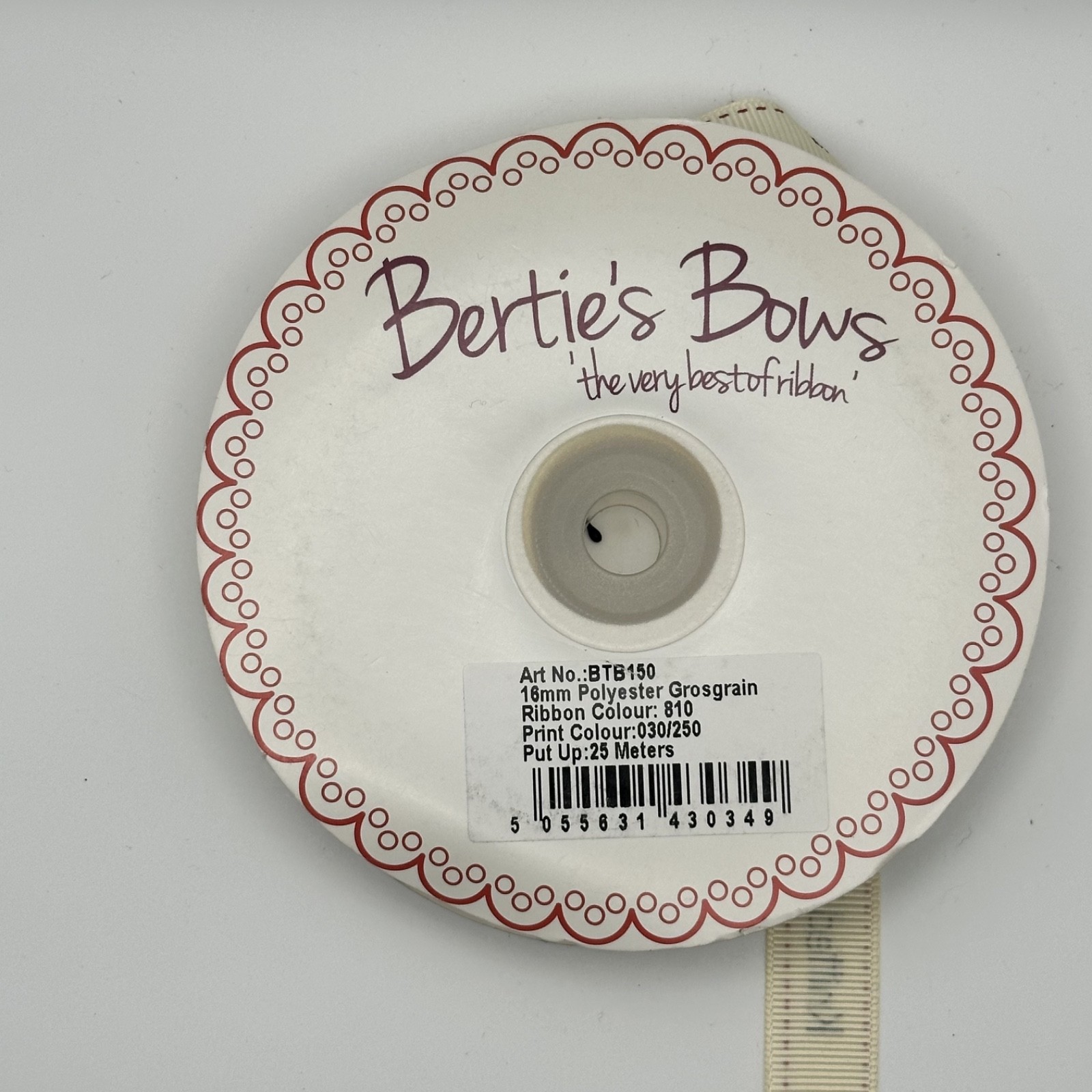 Bertie's Bows Knitted With Love Ribbon 16mm Ivory Grosgrain, photo 2 of 3