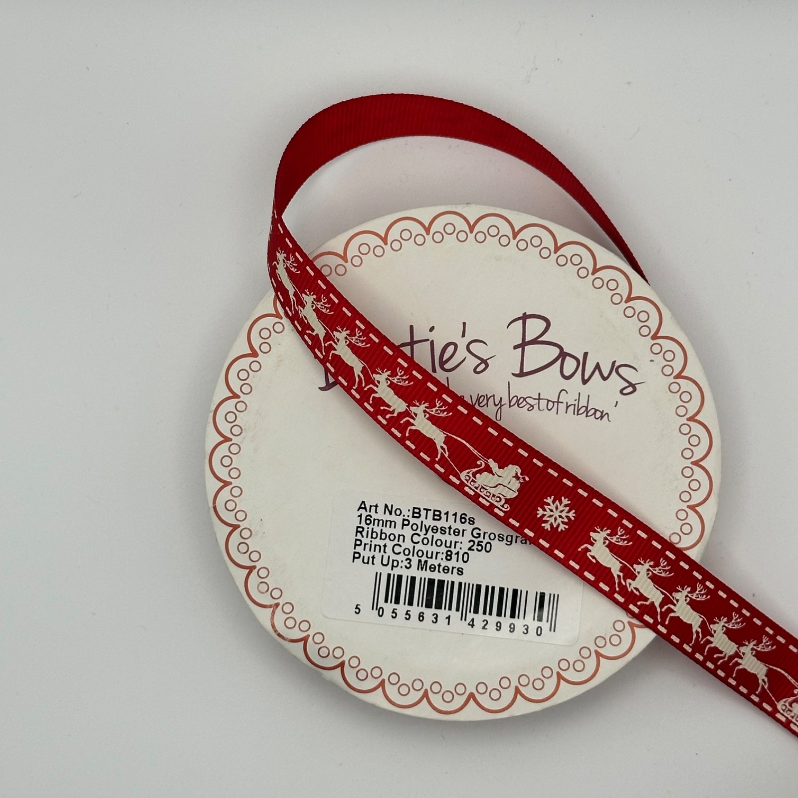 Bertie's Bows Reindeer Ribbon 16mm Red Grosgrain Christmas, photo 3 of 3