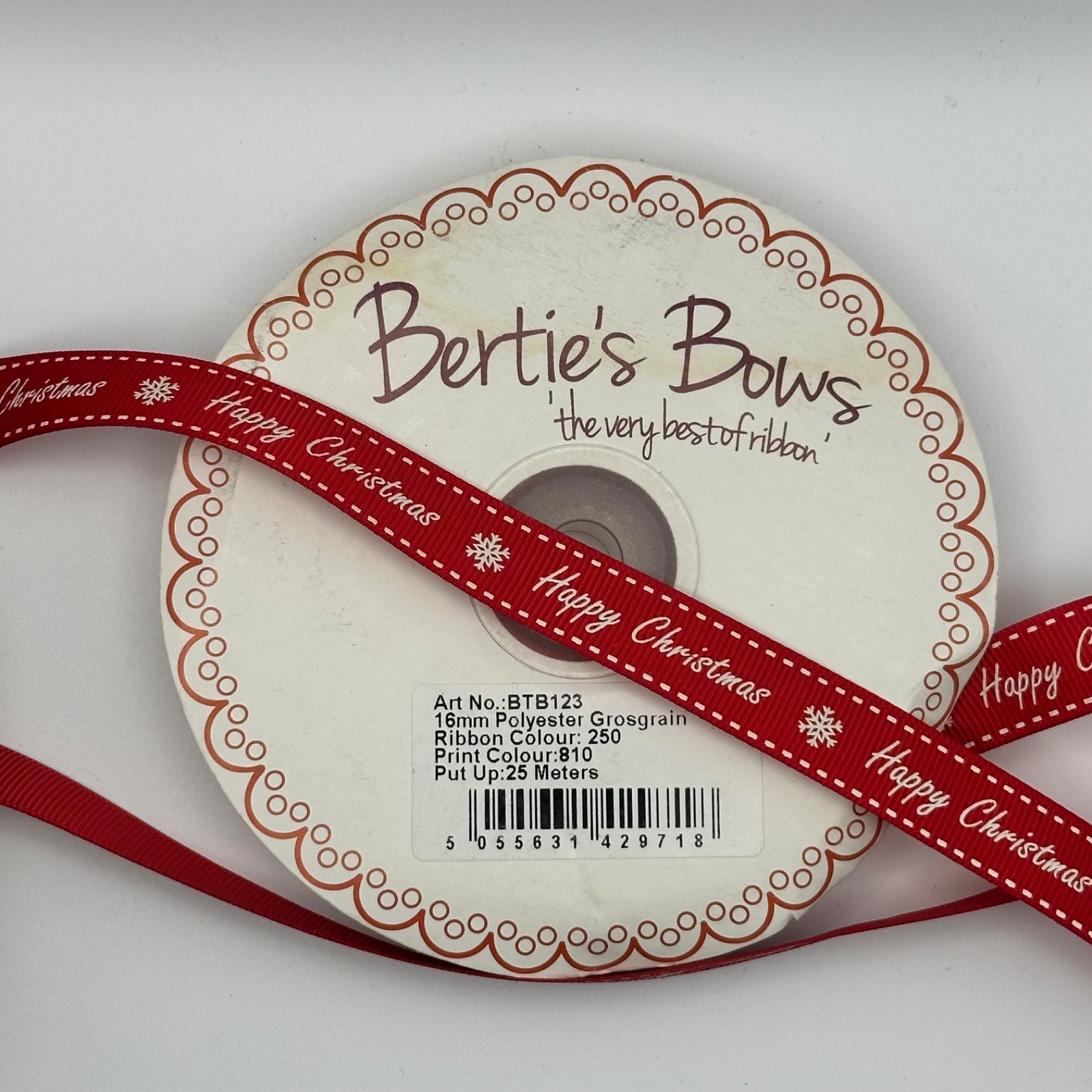 Bertie's Bows Happy Christmas Snowflake Ribbon 16mm Red Grosgrain, photo 4 of 4