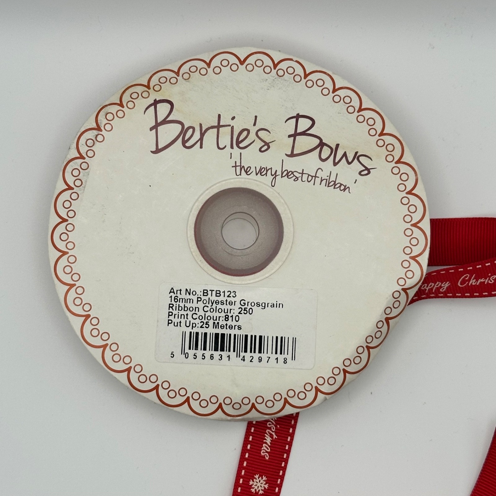 Bertie's Bows Happy Christmas Snowflake Ribbon 16mm Red Grosgrain, photo 3 of 4
