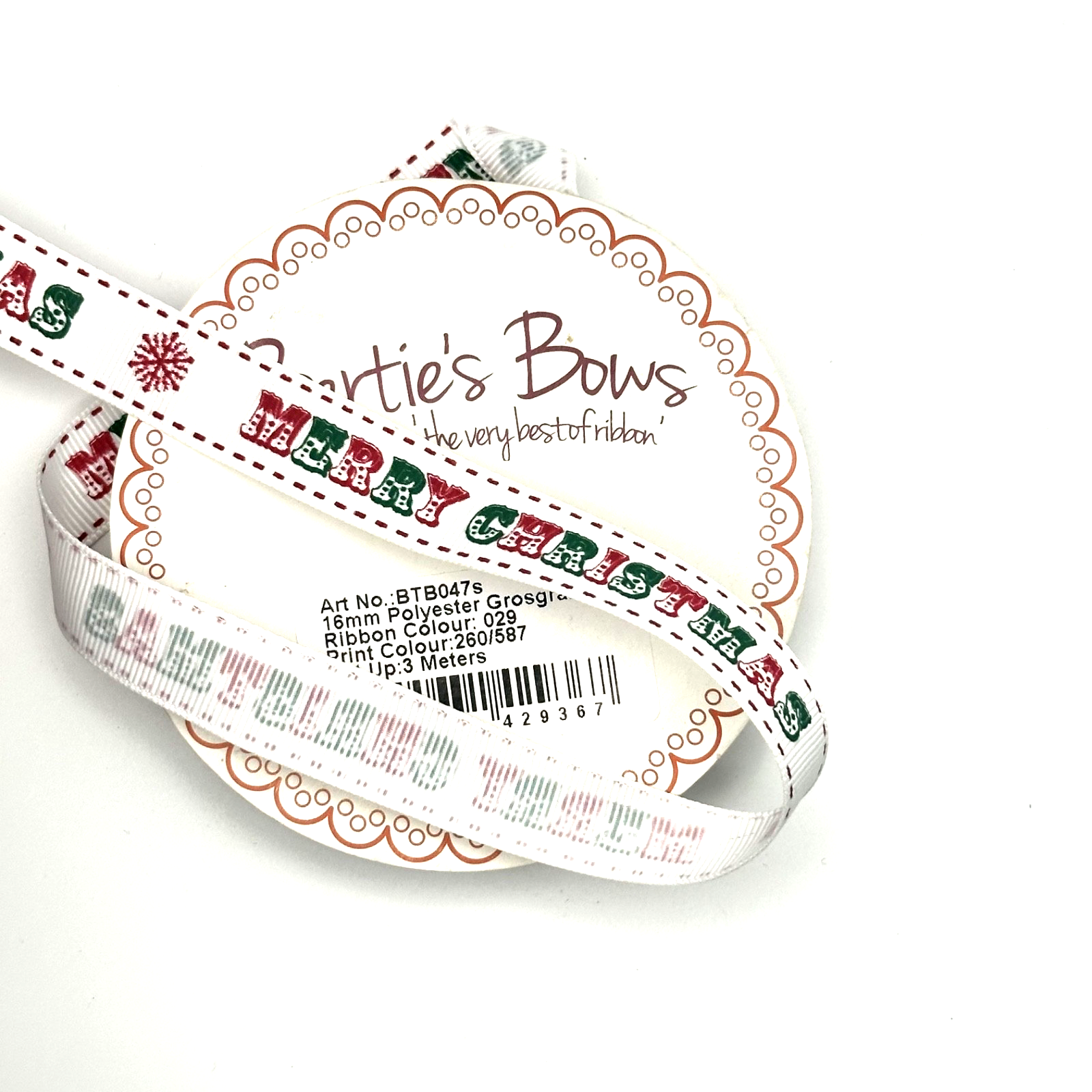 Bertie's Bows Merry Christmas Ribbon 15mm Grosgrain, photo 3 of 3