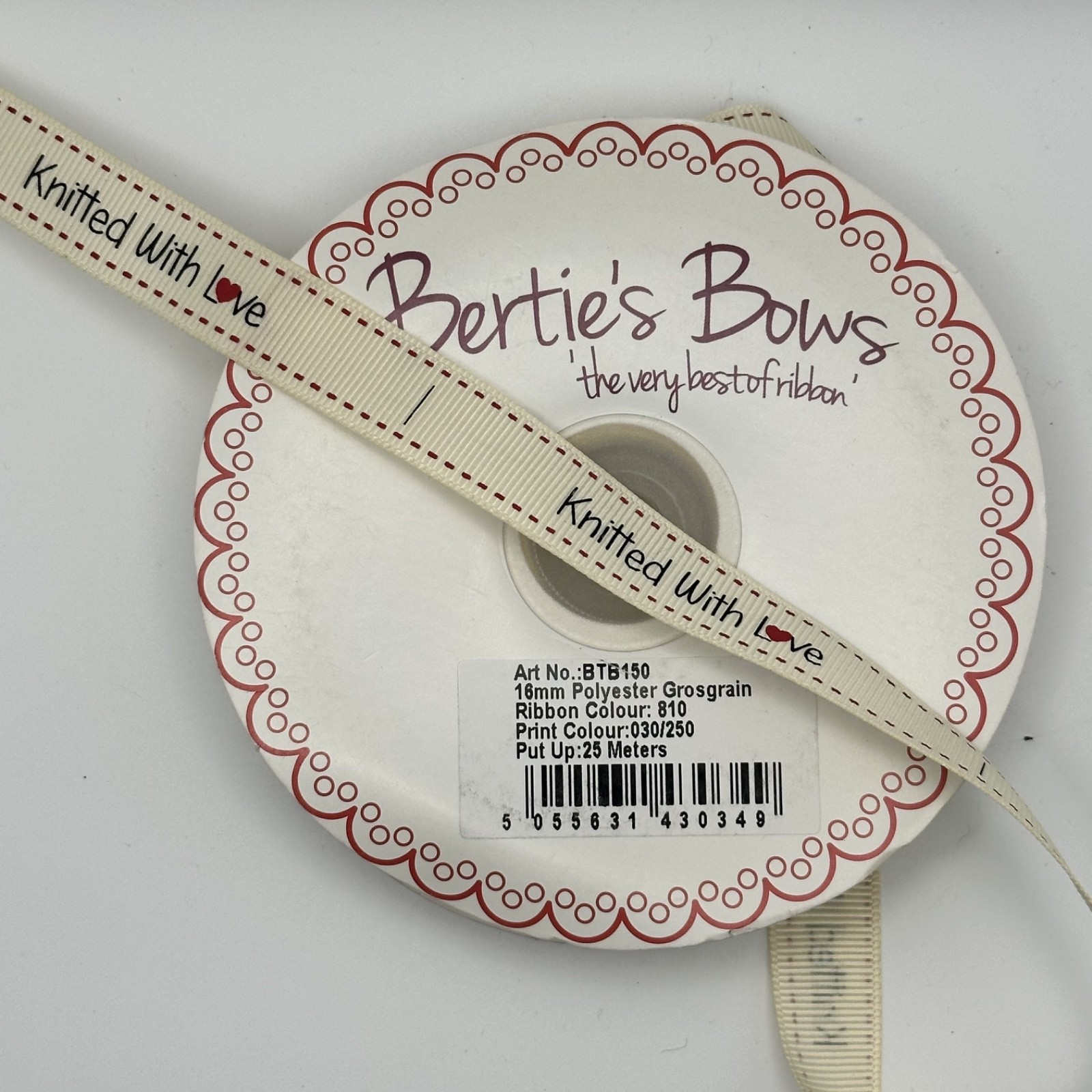Bertie's Bows Knitted With Love Ribbon 16mm Ivory Grosgrain, photo 3 of 3
