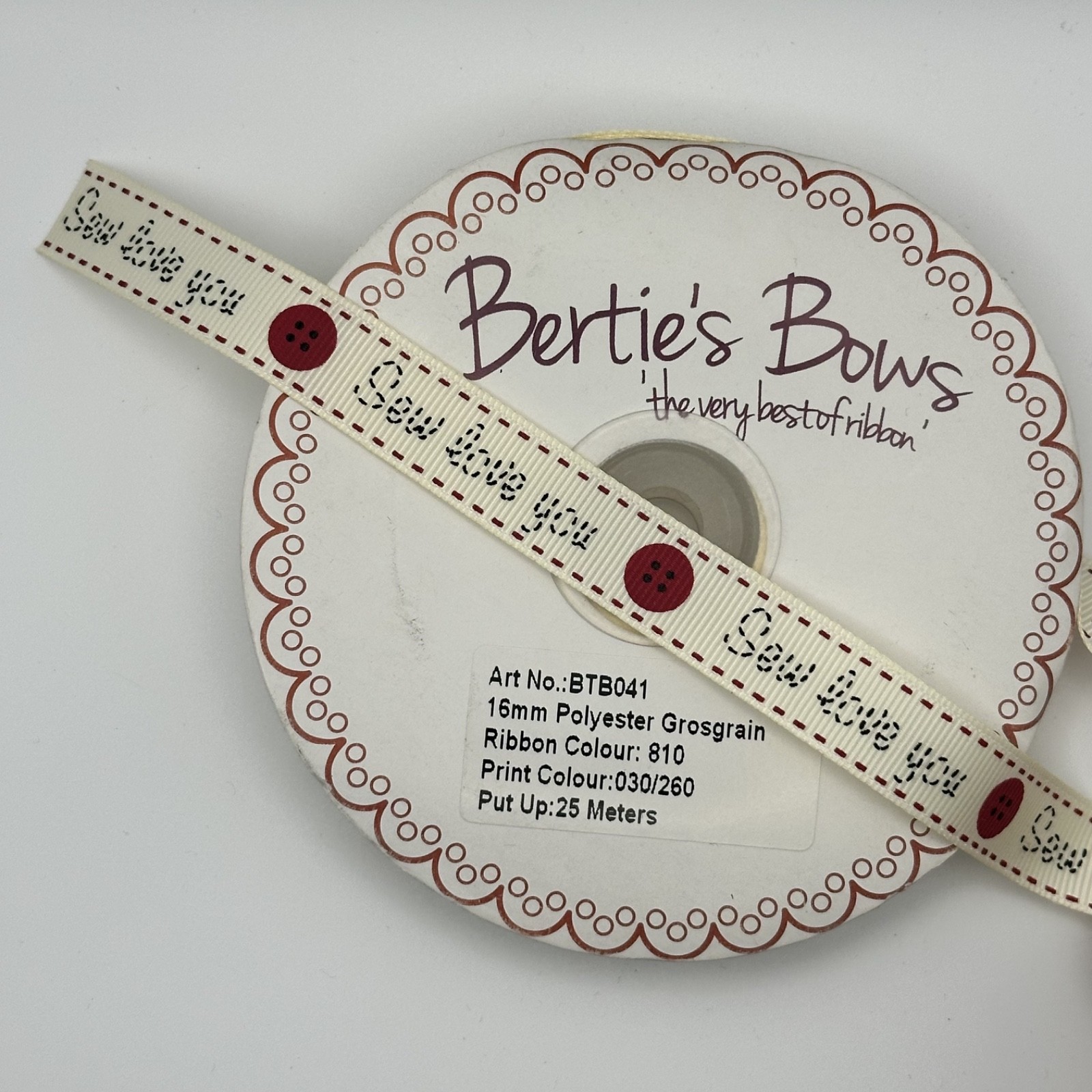 Bertie's Bows Sew Love You Ribbon 16mm Grosgrain, photo 4 of 4