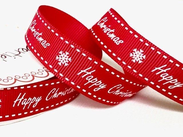 Bertie's Bows Happy Christmas Snowflake Ribbon 16mm Red Grosgrain